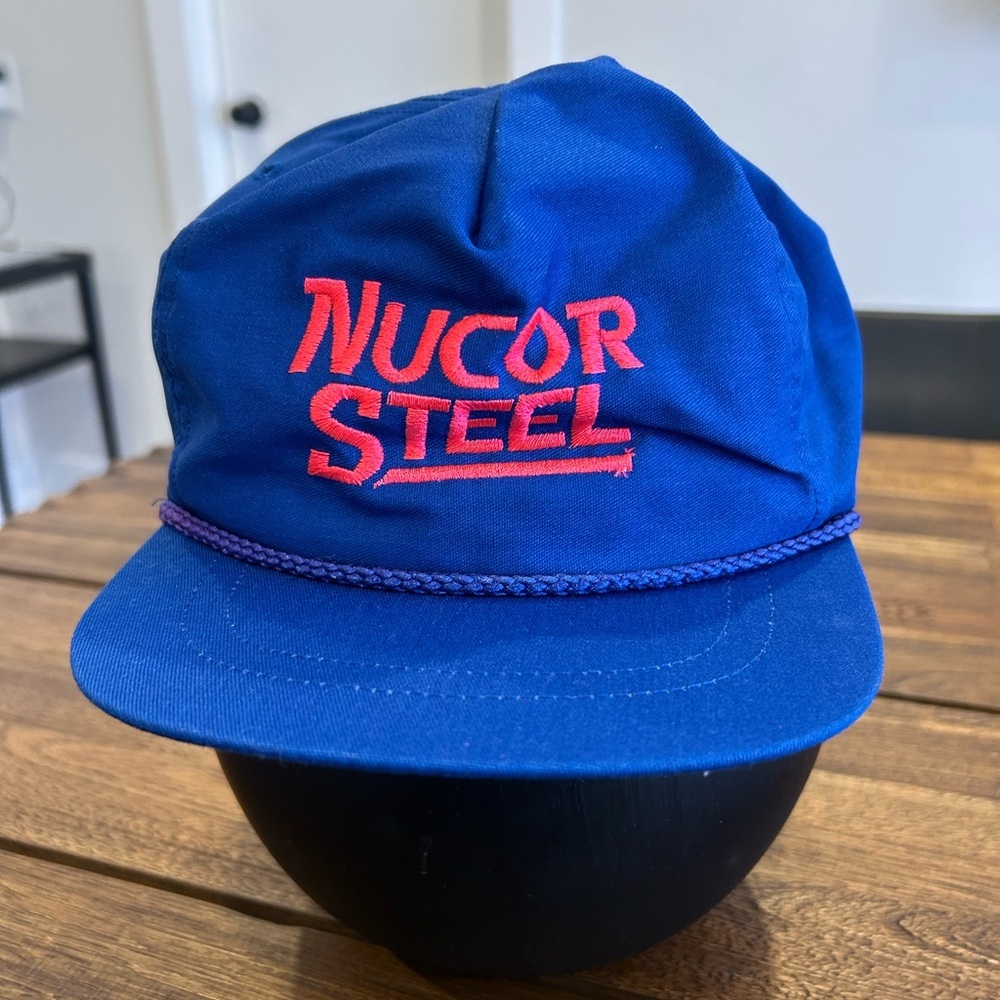 VINTAGE “Nucor Steel” rope SnapBack hat. Coral and blue. Adjustable.
